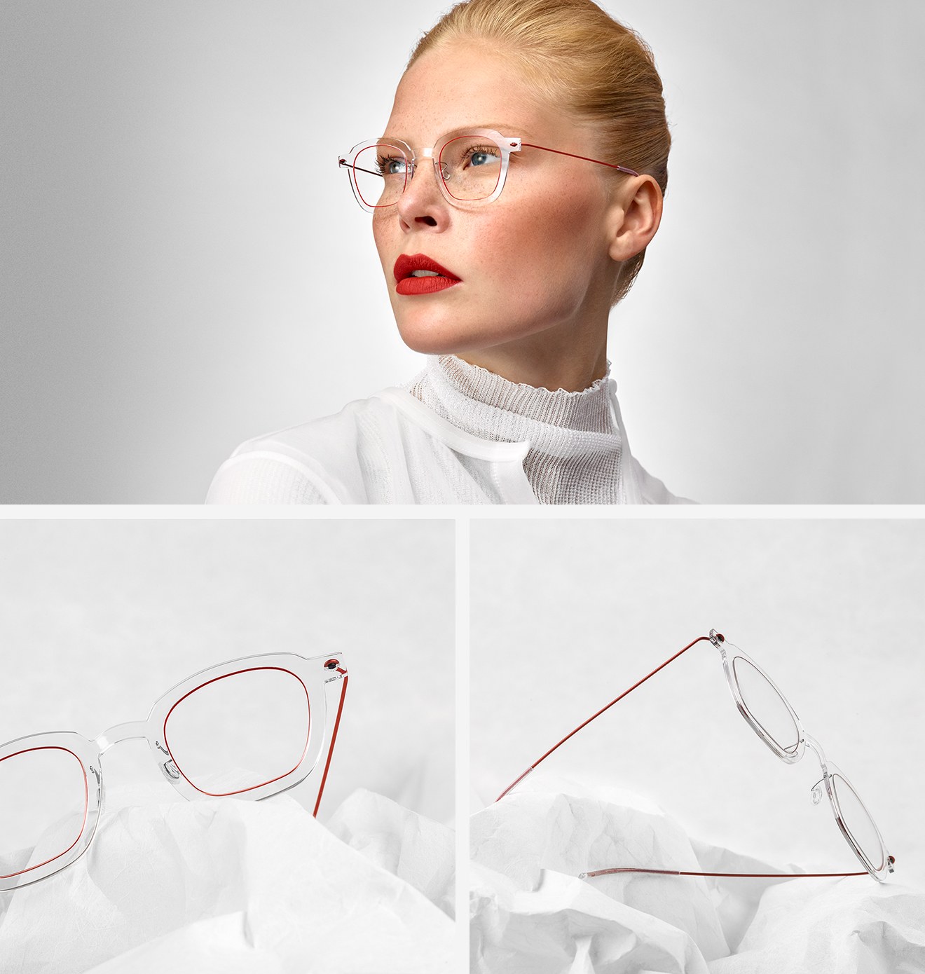 LINDBERG n.o.w. titanium, Modell 6587 C01 U33, transparente Damenbrille mit roten Bügeln